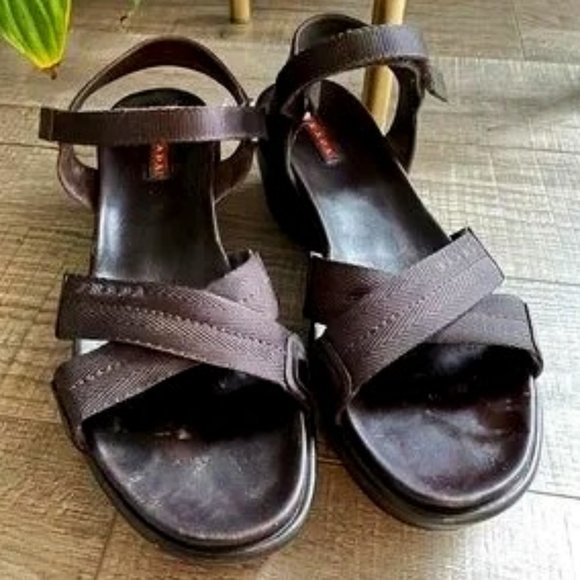 PRADA brown open toe platform logo sandals 39.5/9 Wmns - Picture 1 of 9